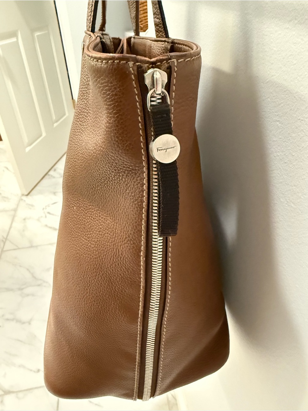 Salvatore Ferragamo Brown Leather Messenger Bag with Front Zip